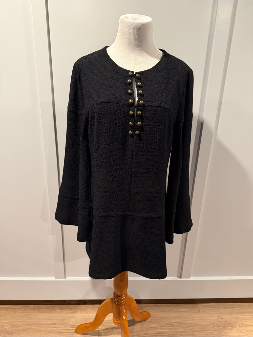 Nanette Lepore Black Long-Sleeve Tunic Dress (mini) with Brass Buttons